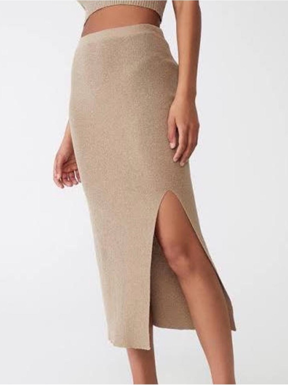 Revamped Beige knitted maxi wrap skirt featuring an elastic waistband sideslit M